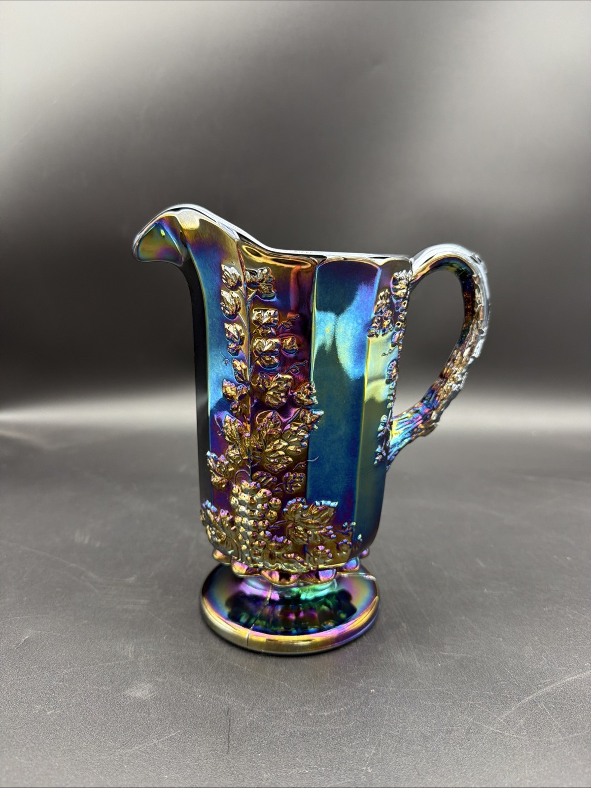 Mosser Glass Amethyst Purple Carnival Pitcher with Grape & Leaves Pattern, Stamp Mosser Glass Amethyst Purple Carnival Pitcher with Grape & Leaves Pattern, Stamp