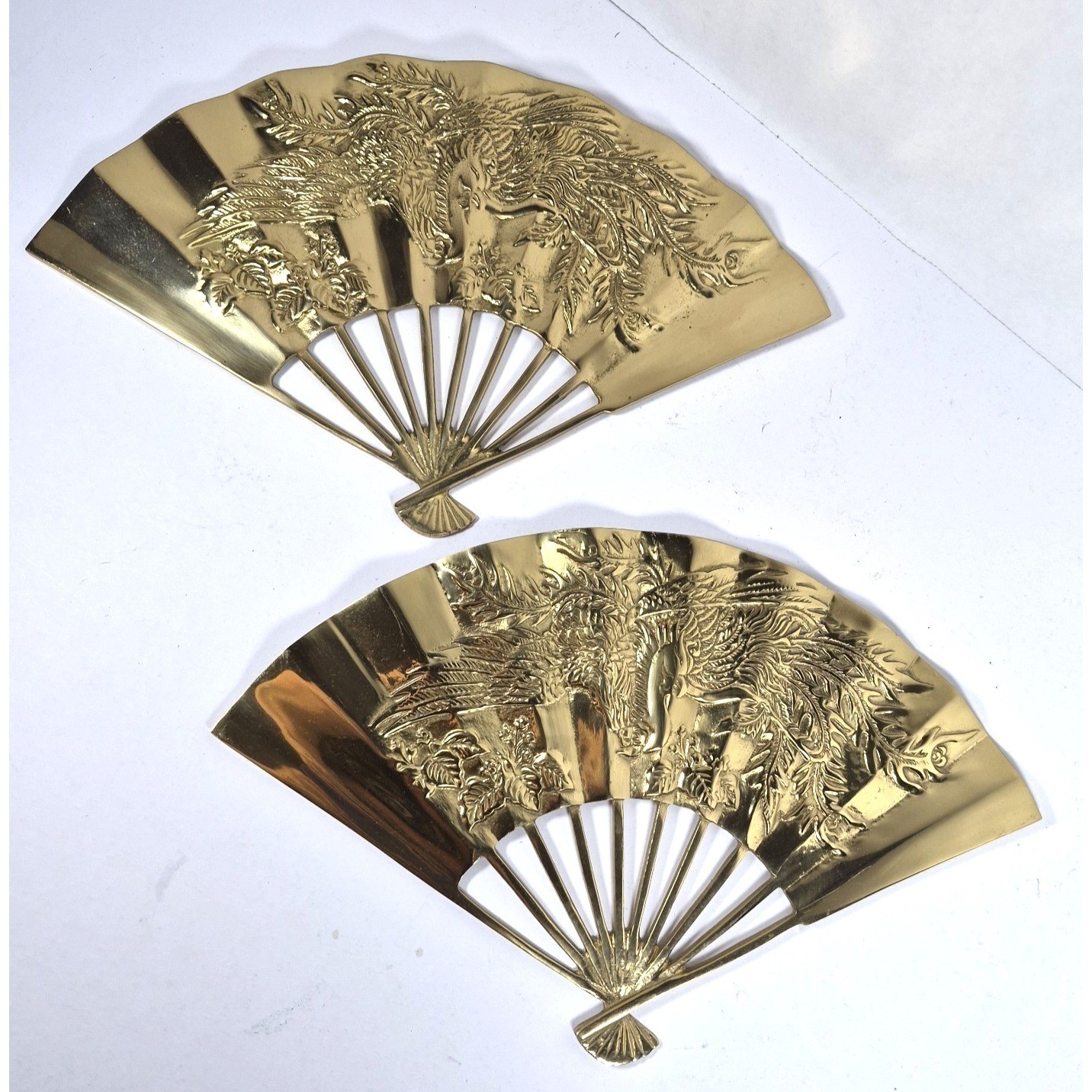 Vintage Brass Phoenix Bird Fan Wall Decor Set 7x11 Gold Toned Good MCM Taiwan Vintage Brass Phoenix Bird Fan Wall Decor Set 7x11 Gold Toned Good MCM Taiwan