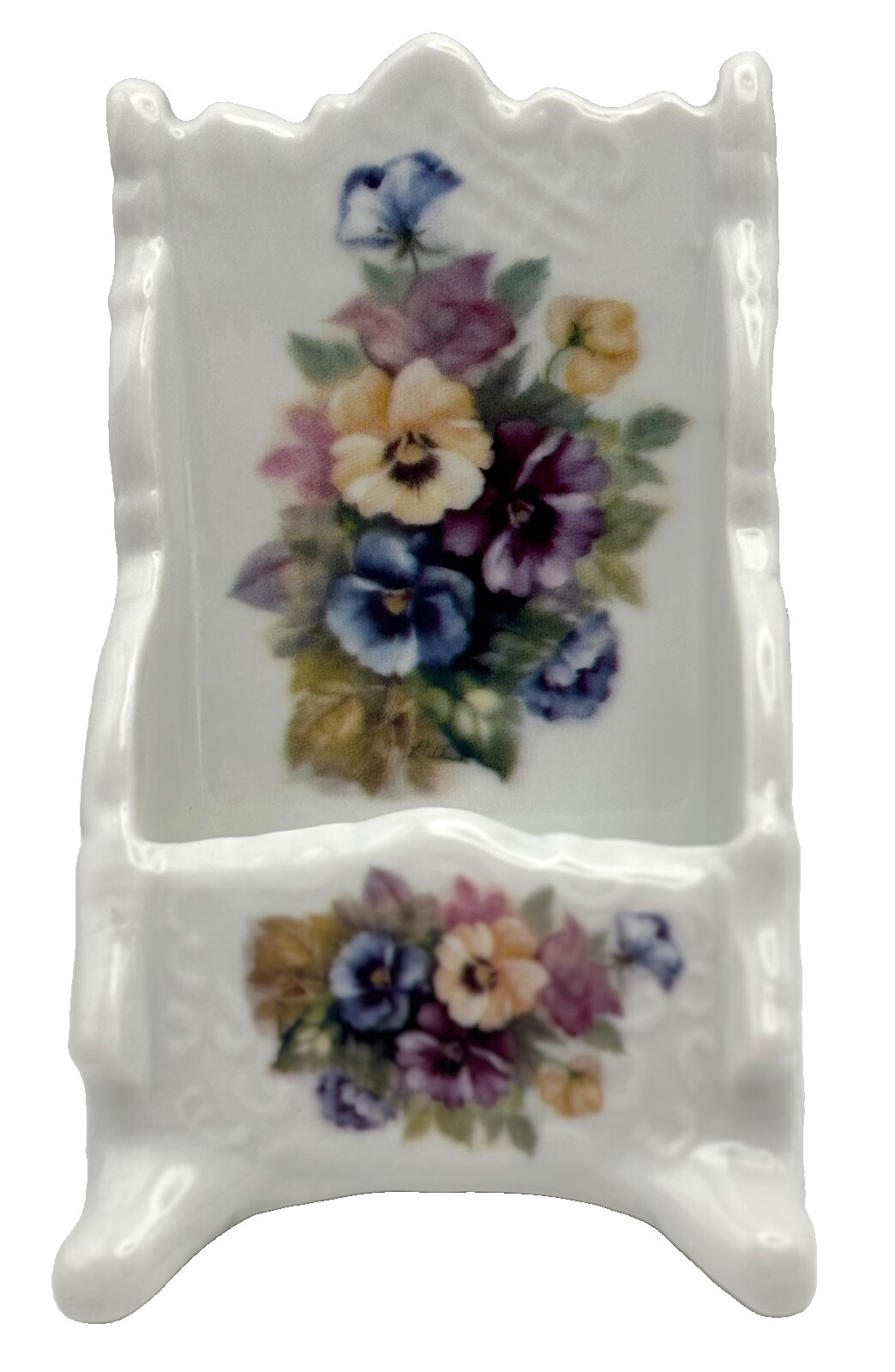 Vintage Porcelain Floral Cigarette, Matches or Toothpick Holder, Lovely Violets