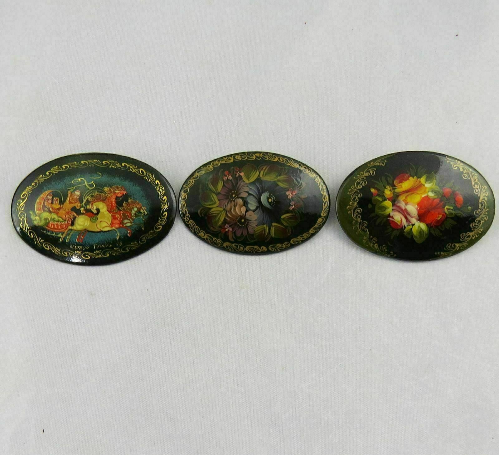 3 Russian Lacquer Hand Painted Papier Mache Brooch Pins Artist Signed