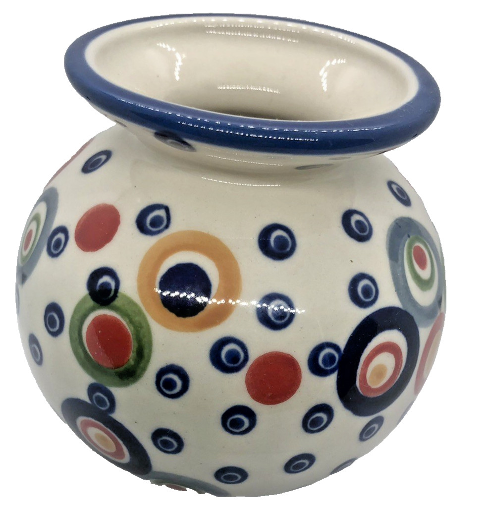 Polish Pottery Round Vase Celebration Circles Red Gold Green Blue Gold