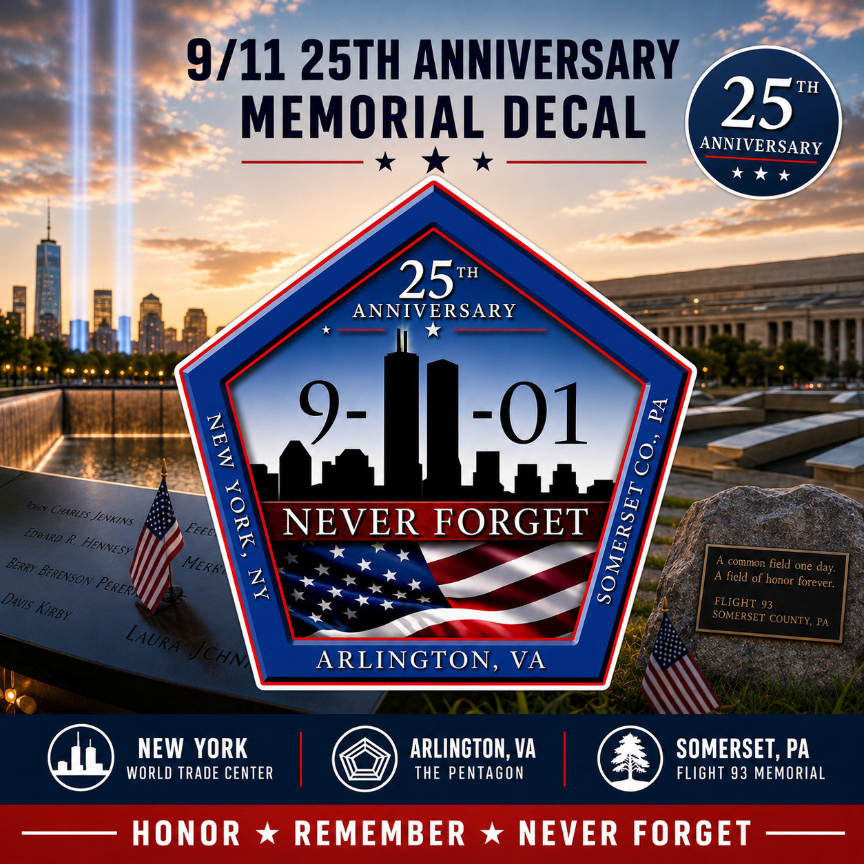 9/11 25th Anniversary Memorial Decal Never Forget September 11 Tribute Sticker