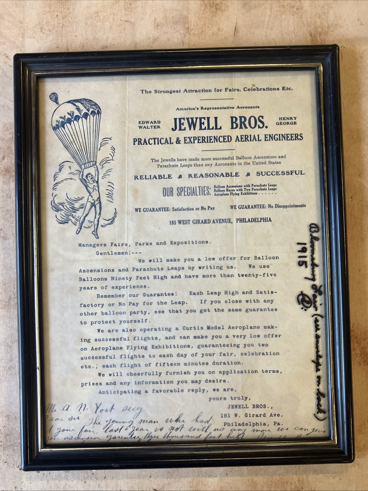 1915 Jewell Bros Early Aviation Balloon Parachute Poster Flyer Letter 1915 Jewell Bros Early Aviation Balloon Parachute Poster Flyer Letter