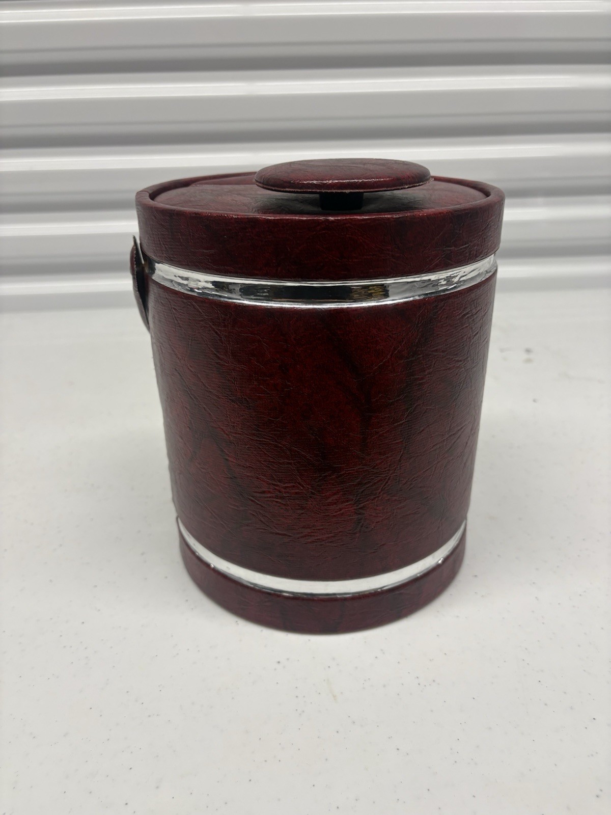 Vintage Burgundy Faux Leather Insulated Ice Bucket Barware Chrome Trim
