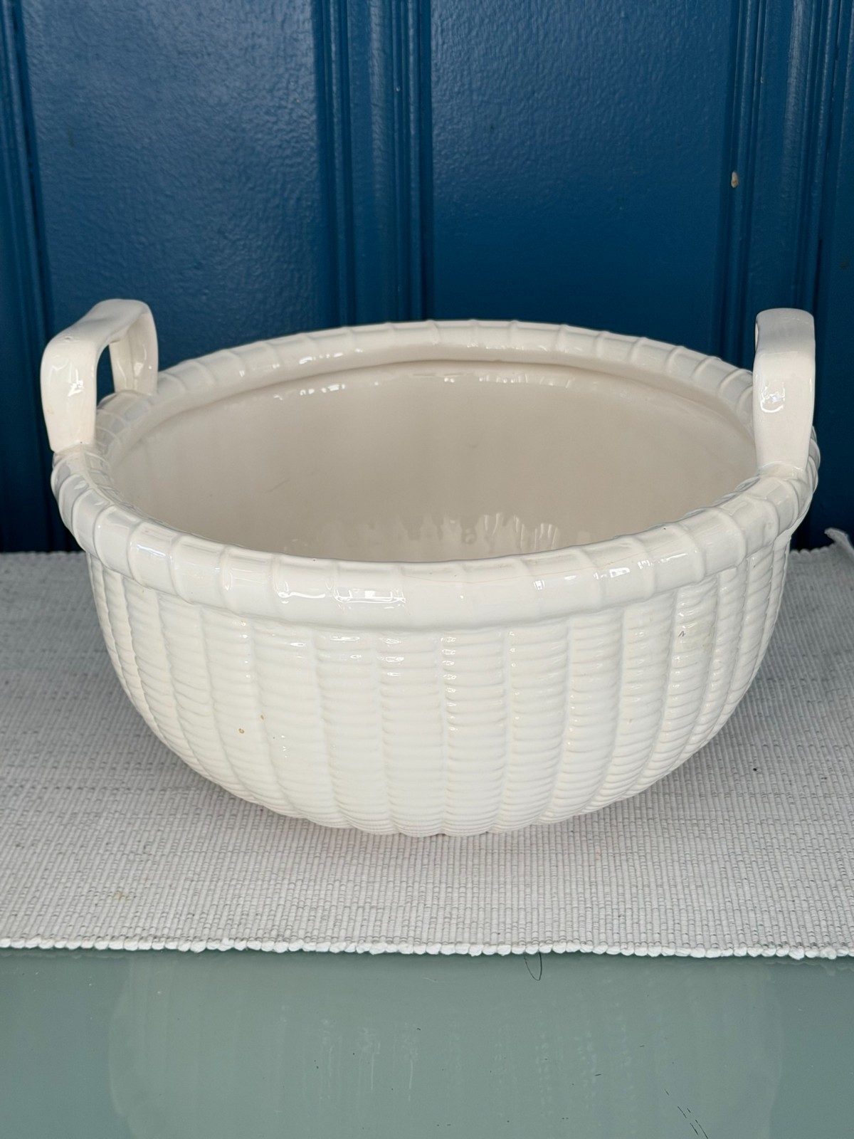 Vintage Large White Ceramic Basketweave Bowl/Planter by Nantucket Home 