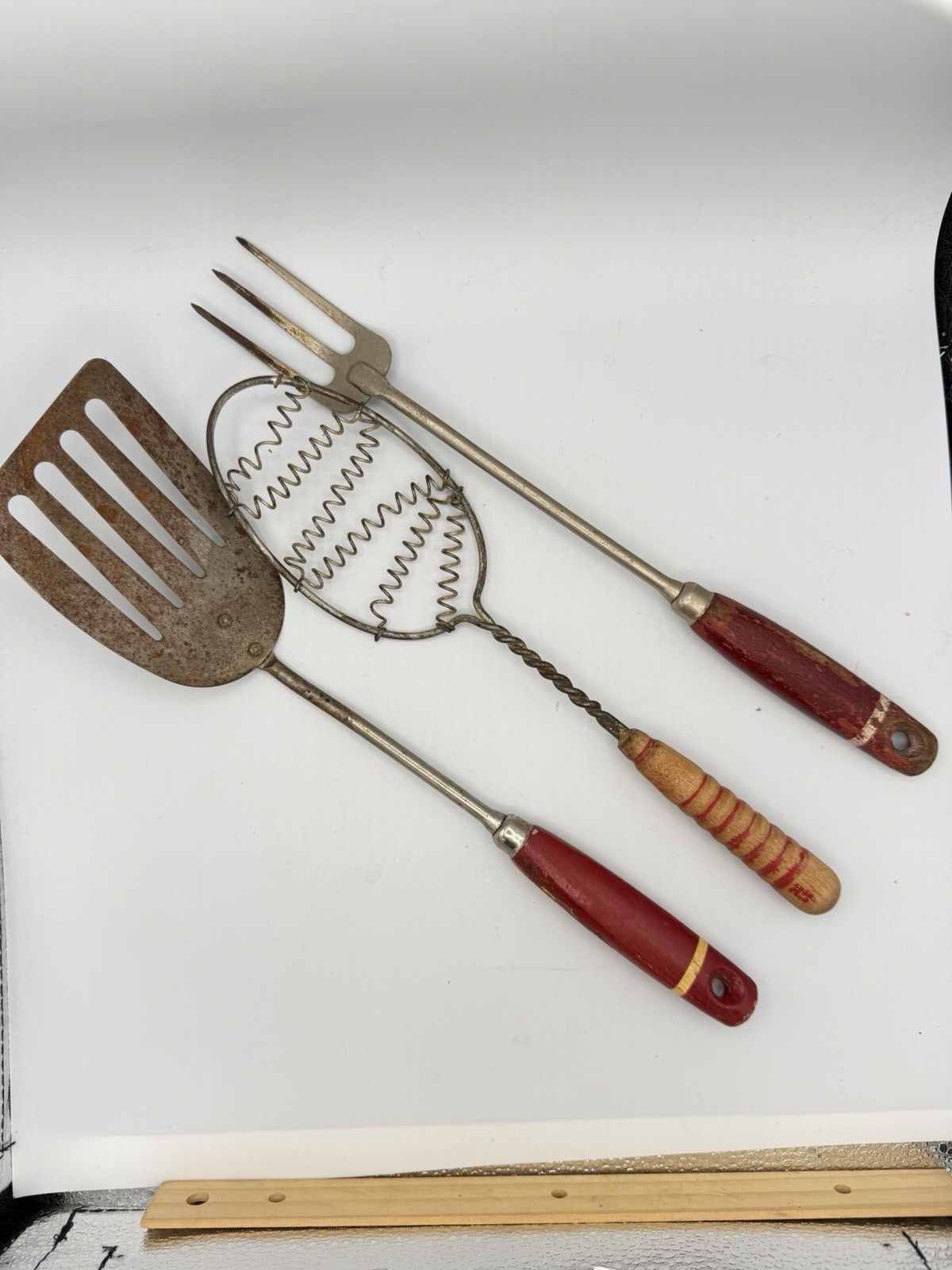 Vtg 1940s 50s Red Wood Handle Kitchen Utensils Lot Spatula Fork Whisk