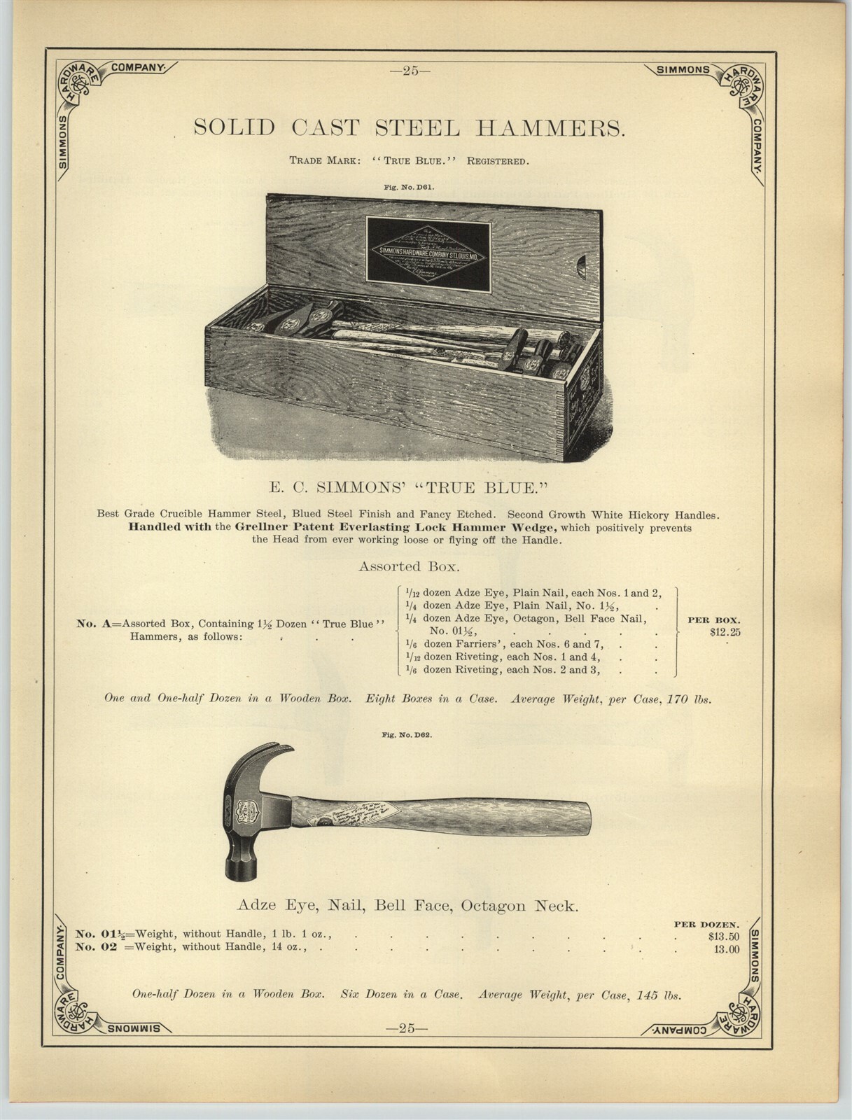 1894 PAPER AD Simmon's True Blue Sipping Box Crate Hammers Farrier Poll Ferrier