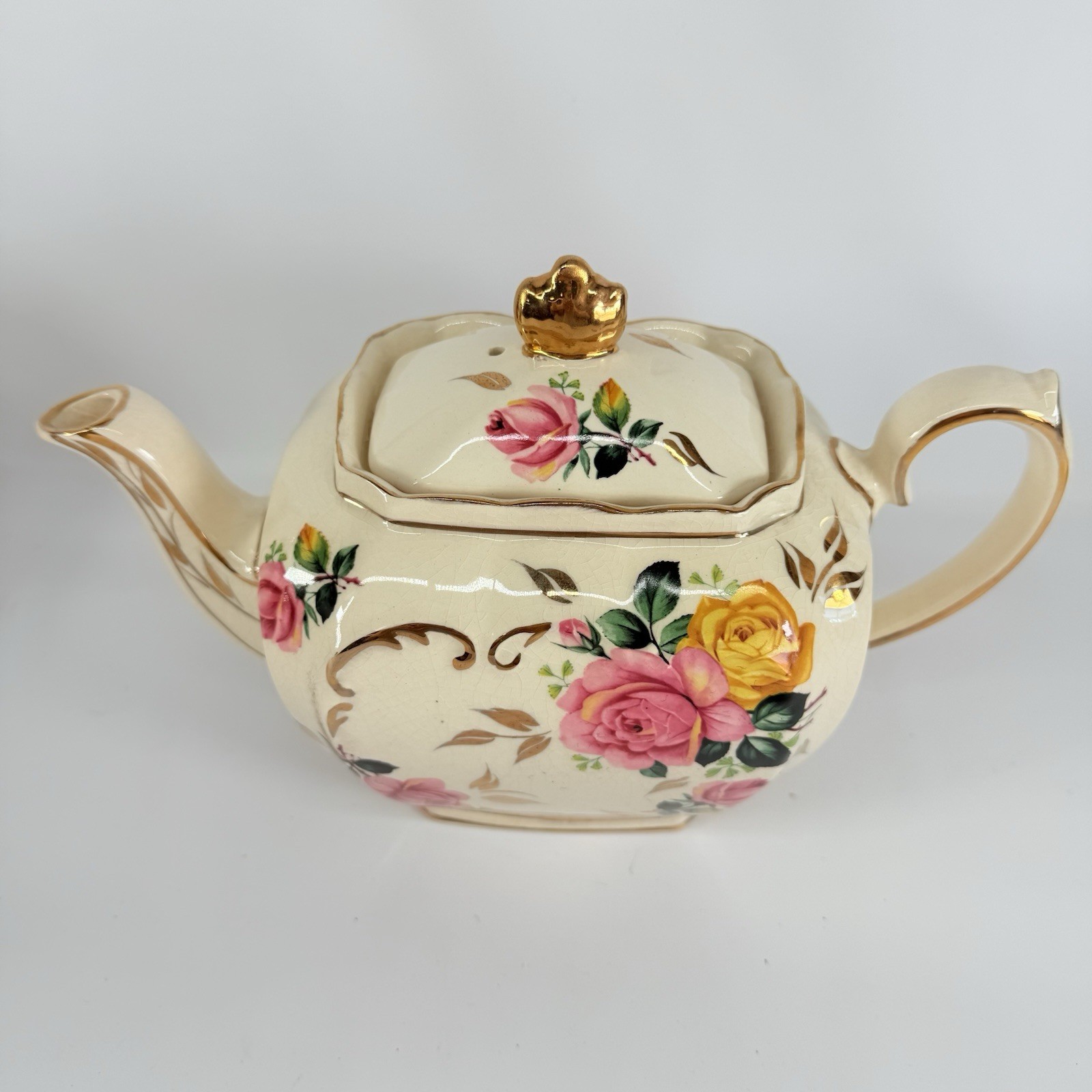 Vintage Sadler 2897 Cubed Tea Pot England Pink & Yellow Cabbage Rose 1930's Gold