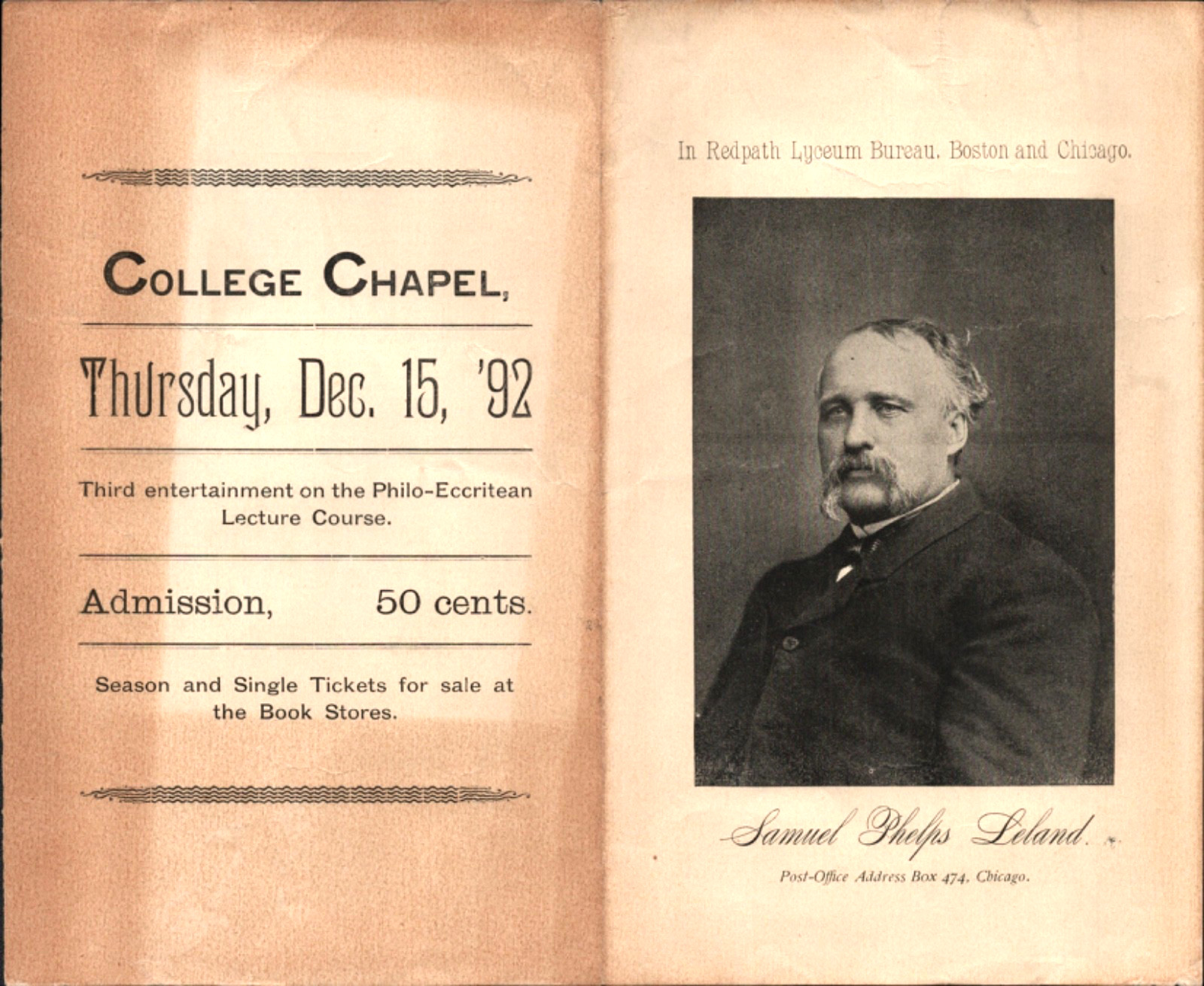 1892 SAMUEL PHELPS LELAND antique lecture program MONMOUTH COLLEGE Illinois