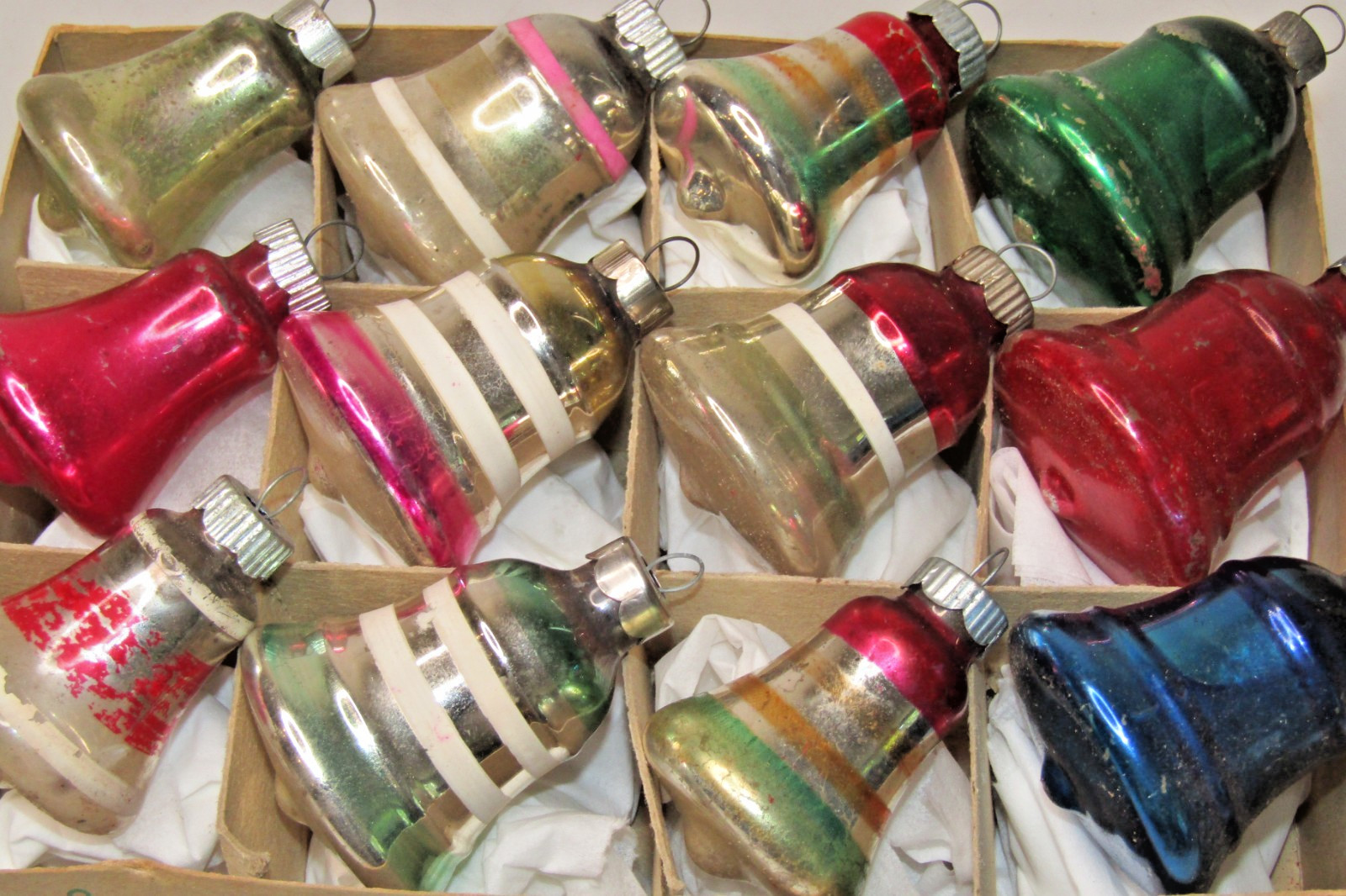 Lot Vintage Glass Striped Figural BELL Christmas Ornaments Shiny Brite Franke