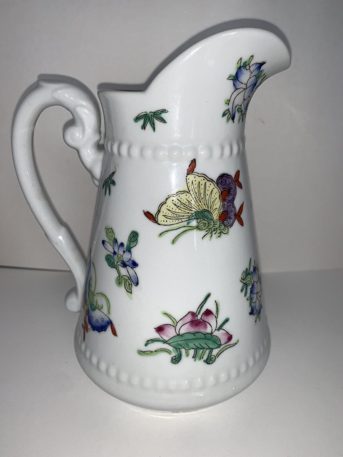 Vintage White Porcelain FLOWERS and BUTTERFLIES Small Pitcher Ewer