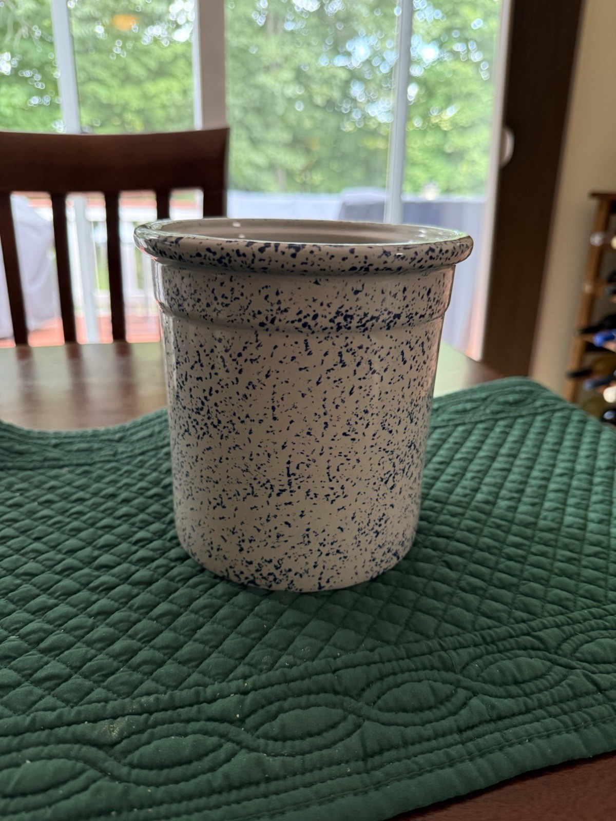 Vintage Monmouth Pottery Blue Spongeware Stoneware Crock 6.5 Marked USA