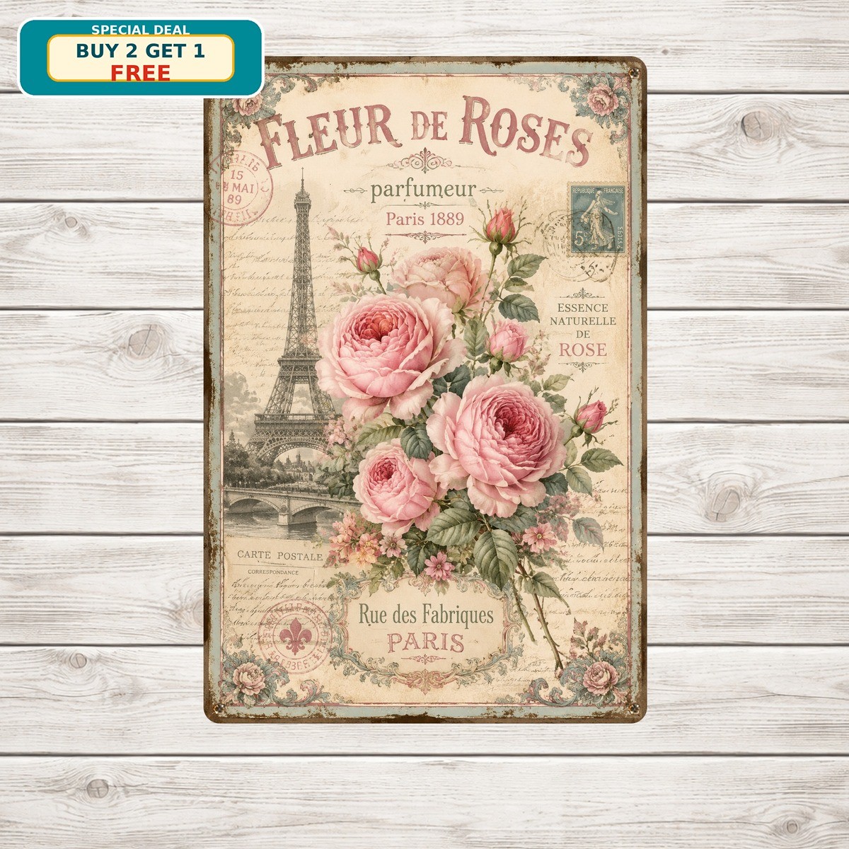 Pink Floral Rose Metal Sign Vintage Shabby Chic Bedroom Garden Wall Decor