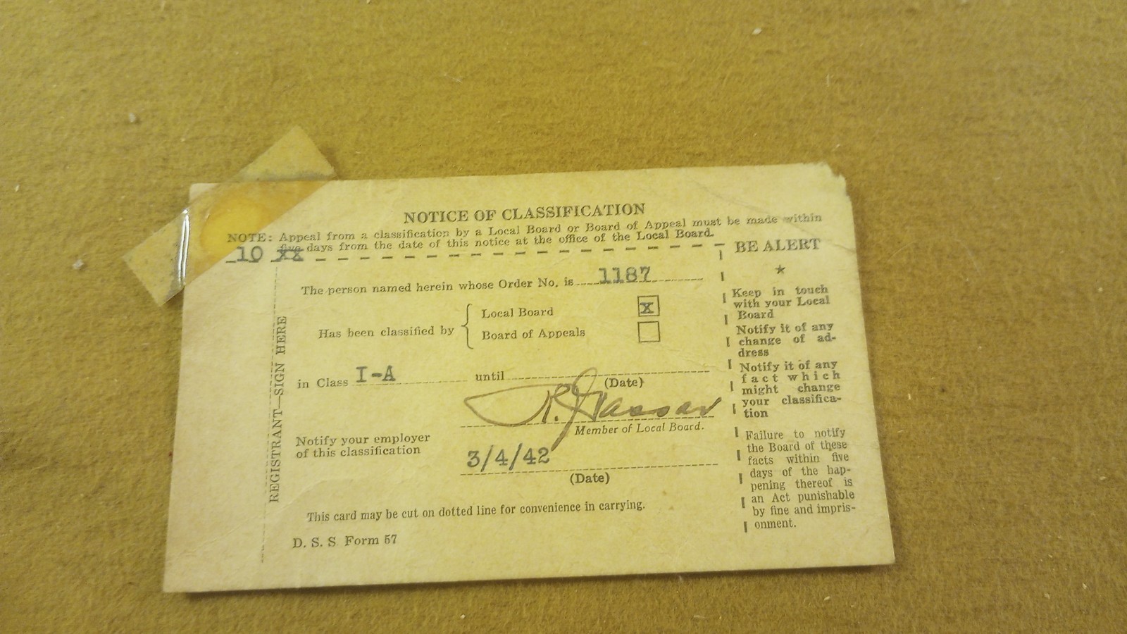 Vintage WWII March 1942 Selective Service Notice of Classification Camden WV