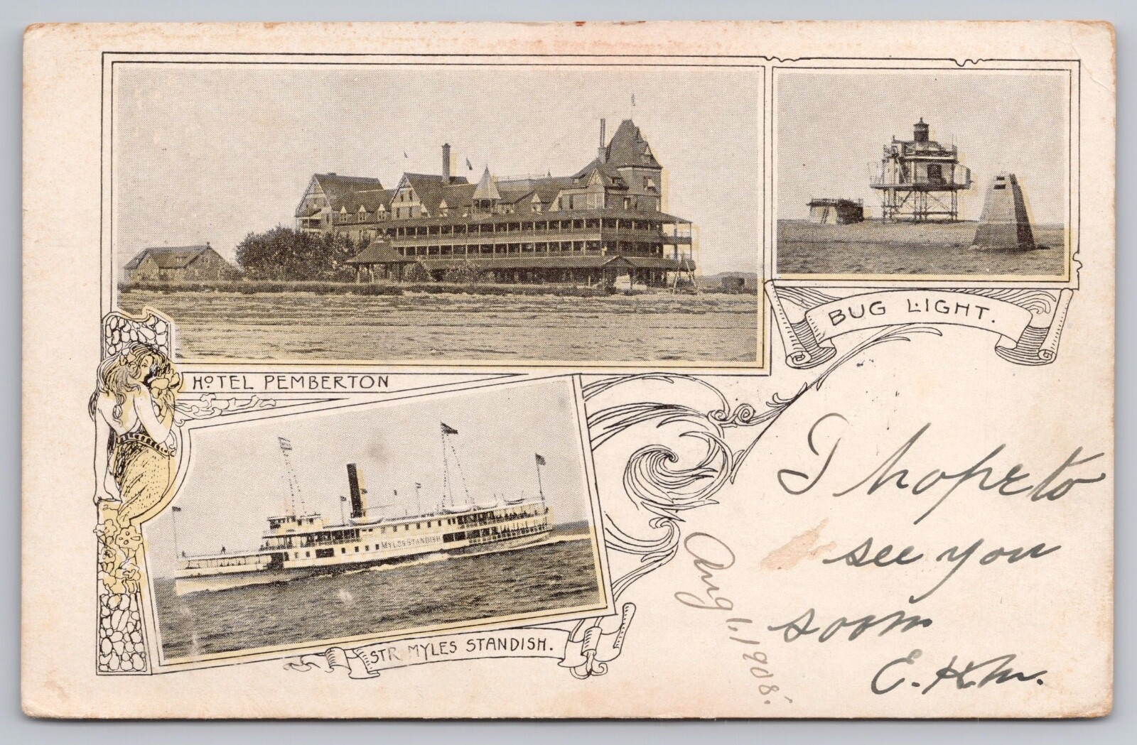 1908 Hull, Mass -Pemberton Hotel Multi-View- Nantasket Peninsula, Light Postcard 1908 Hull, Mass -Pemberton Hotel Multi-View- Nantasket Peninsula, Light Postcard