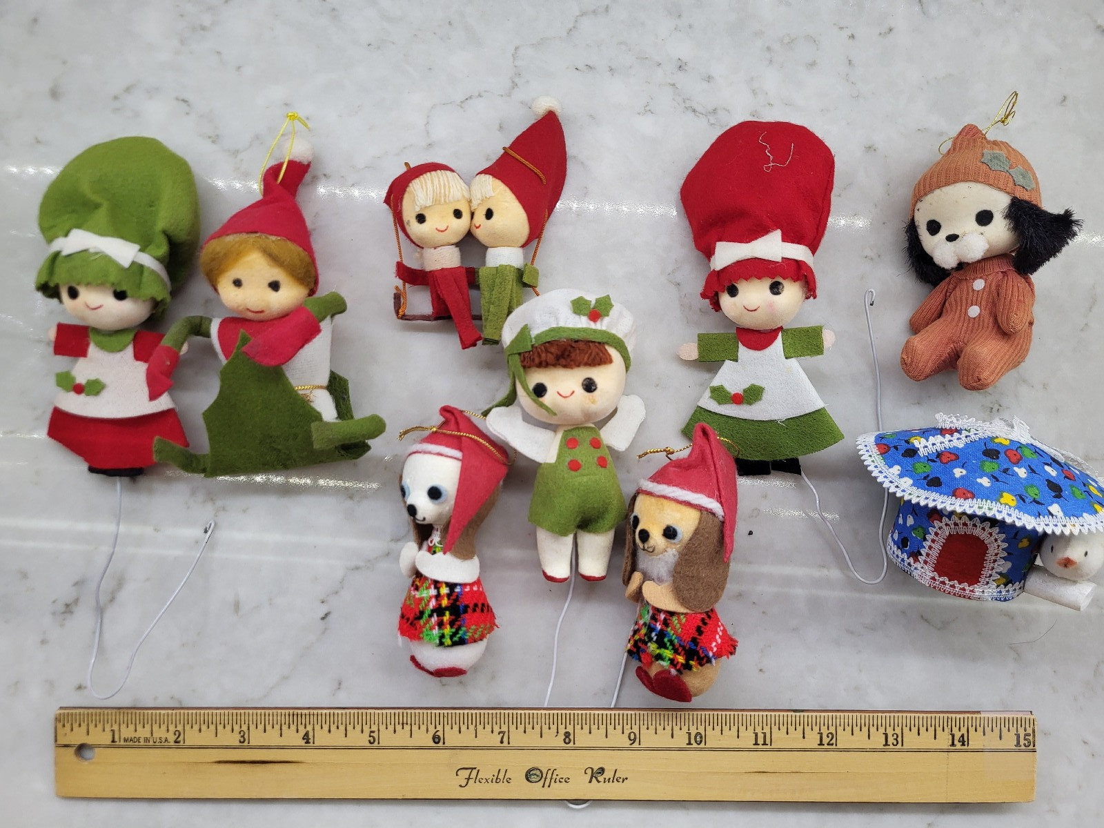 VTG MCM Felt Christmas Holiday Ornaments Elf Dog Bird Children Lot of 9