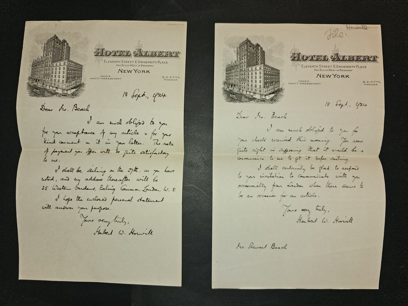 1924 Herbert W. Horwill ALSs to Stewart Beach from Hotel Albert NYC (2 Letters)