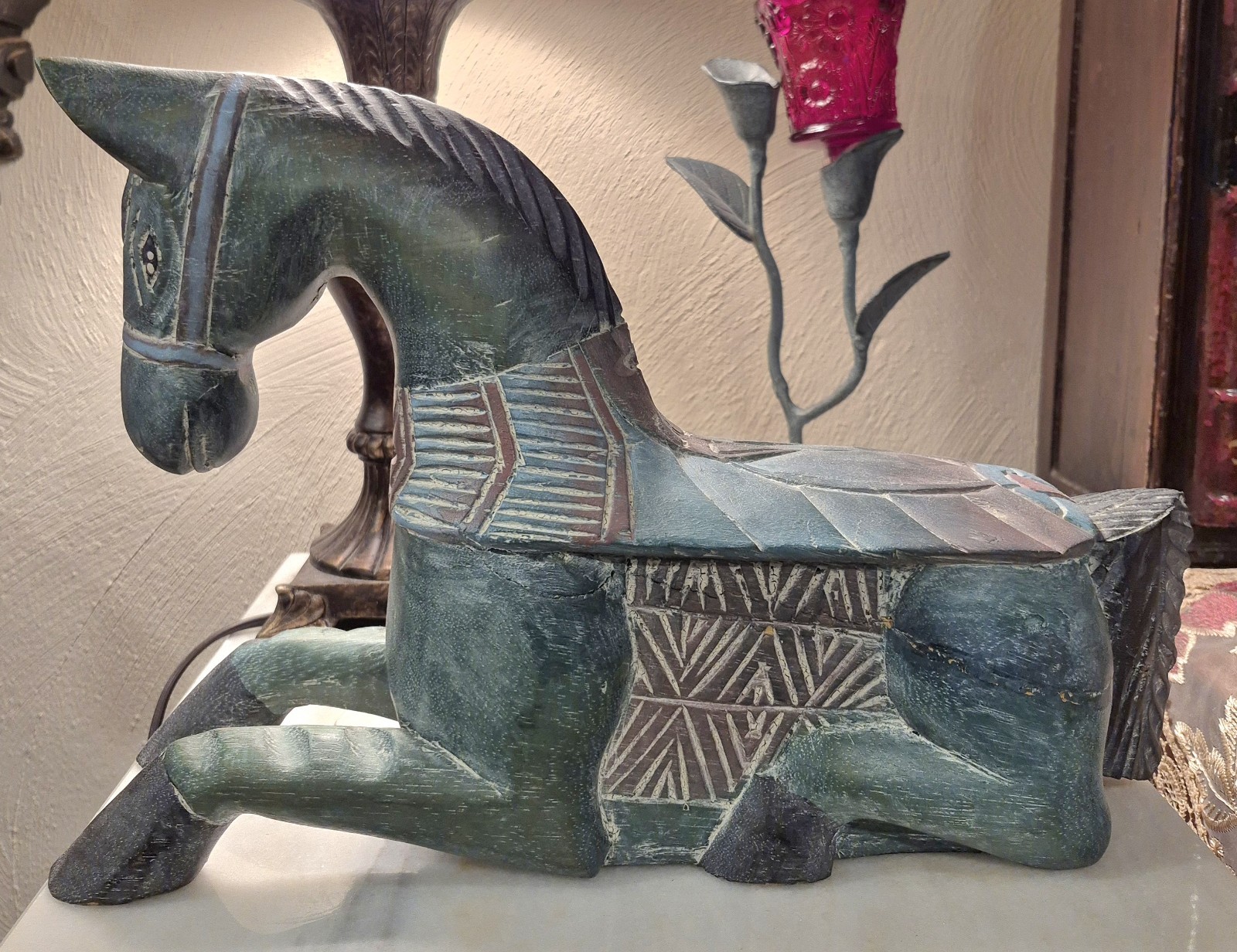 Vintage Carved Blue Wooden Horse Made in Thailand - 14.5