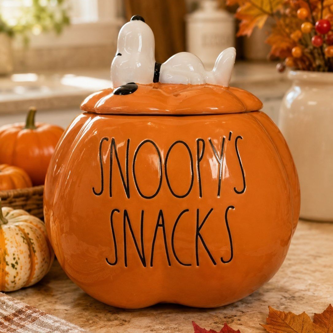 Peanuts x Rae Dunn Snoopy Halloween Snoopy’s Snacks Pumpkin Treat Jar Ceramic