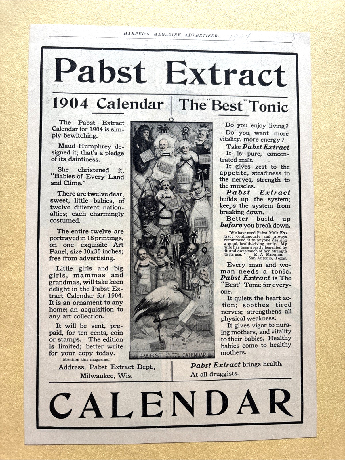 Pabst Extract 1904 Antique Ad Harper\'s Magazine Maud Humphrey Babies Calendar