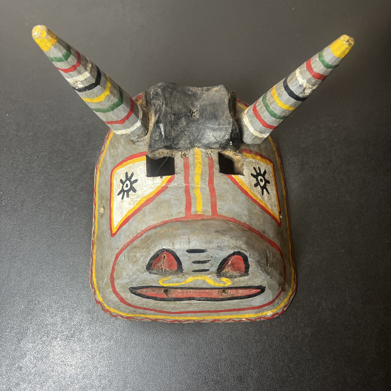 Guatemalan hand Carved Hand Painted Bull Wooden Mask 8”x8” Vintage