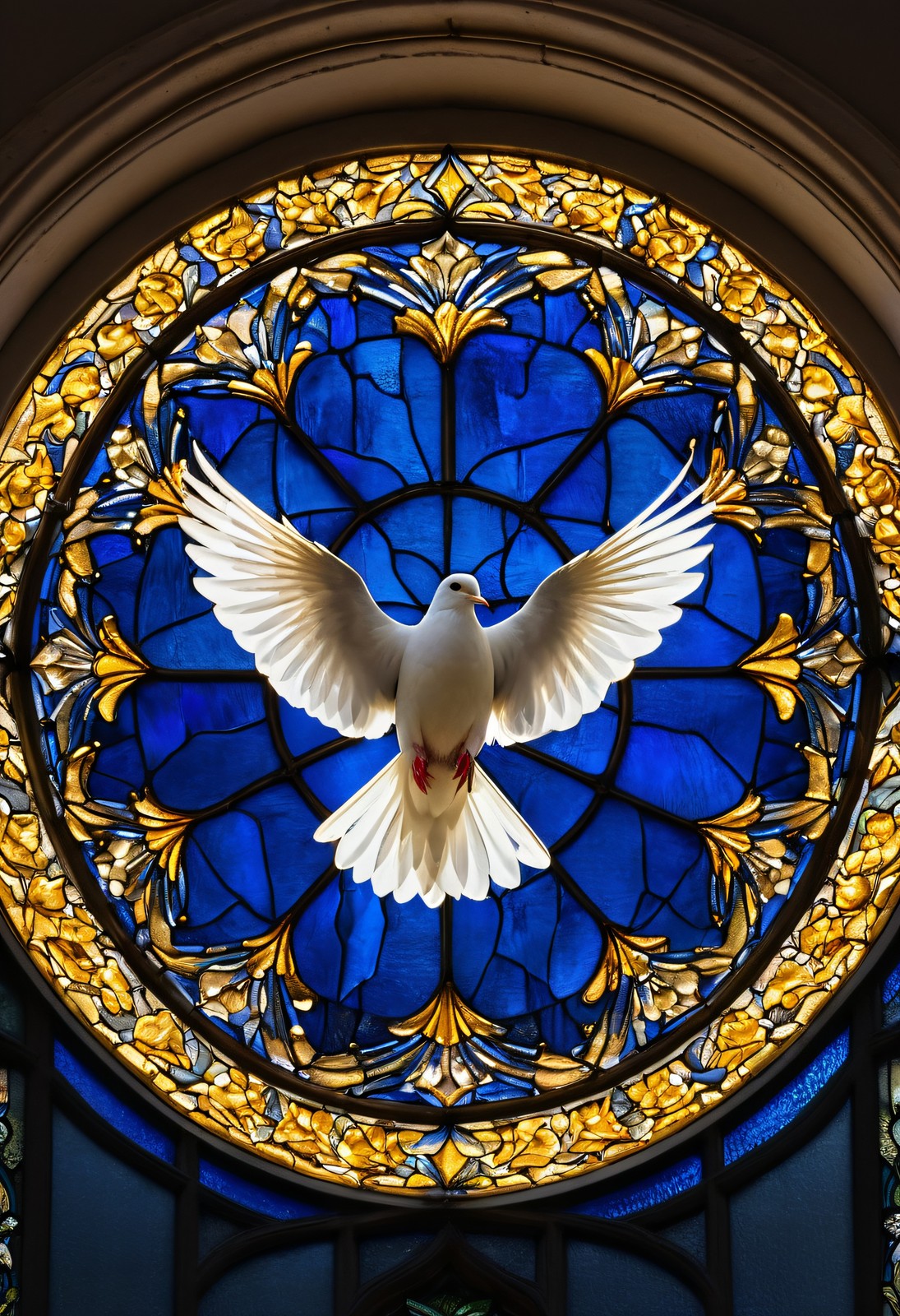 Dove of the Holy Spirit Rosette - Sapphire Stained Glass Print