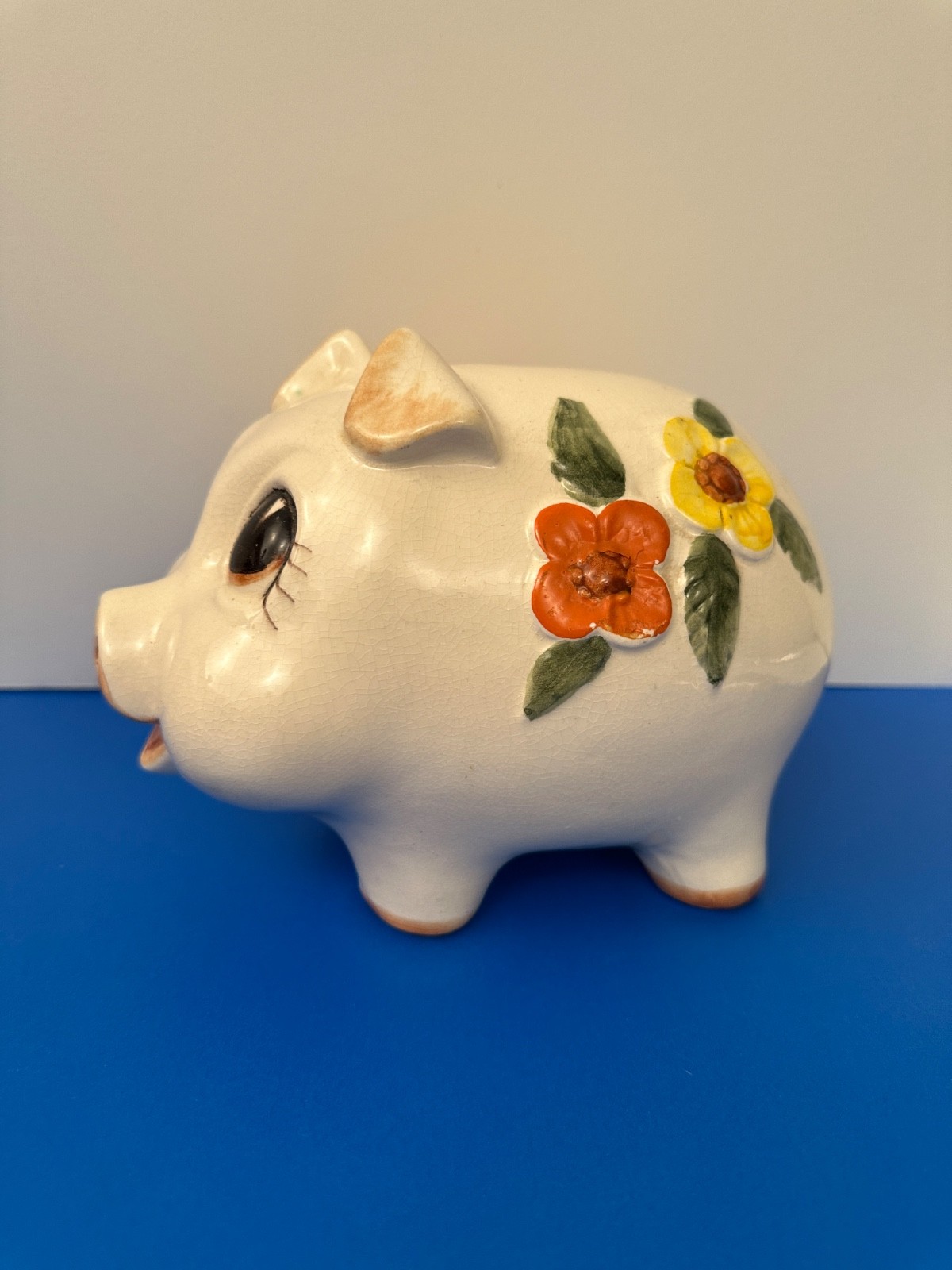 Floral Vintage Antique Ceramic Blush Cute Piggy Bank 10” in length