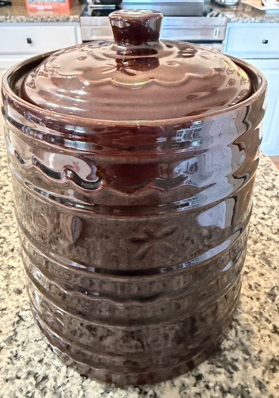 Vintage Marcrest Cookie Jar Brown Daisy Dot Oven Proof Stoneware