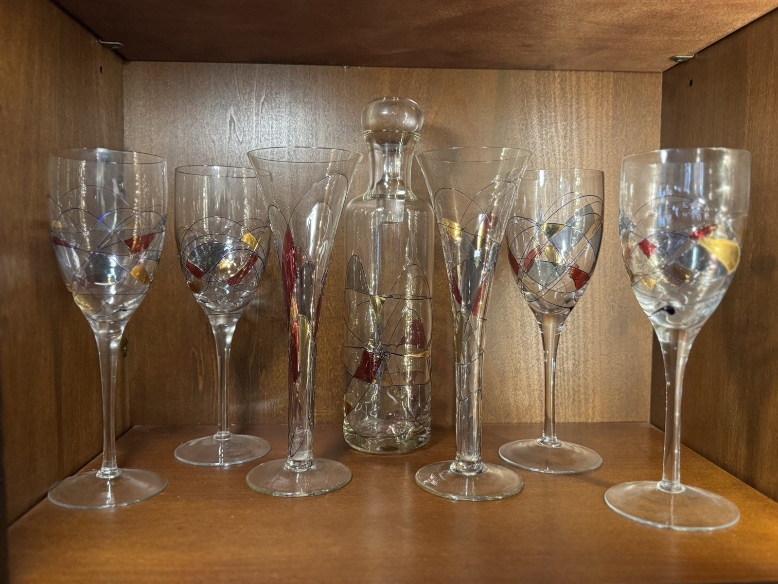 Crystal decanter/wine glass set, stained glass mosaic design, Fostoria Galleria