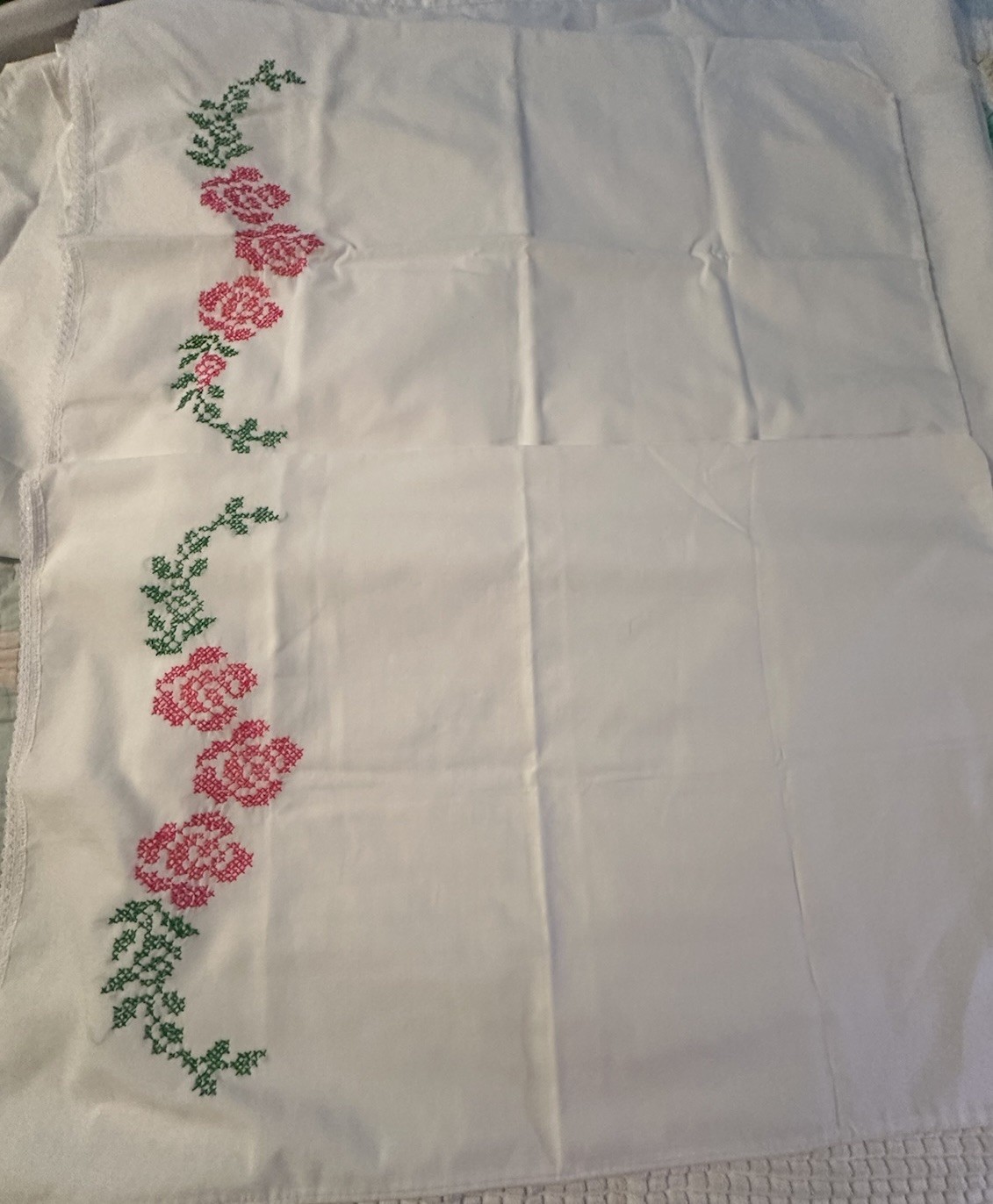 2 Queen Size NOS Cross Stitch White Pillow Cases Pink & Green Floral on White