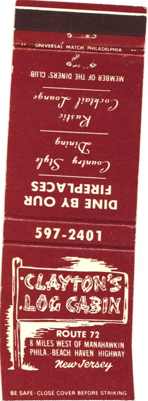 Clayton\'s Log Cabin Manahawkin NJ Vintage Matchbook Cover 1970s Clayton\'s Log Cabin Manahawkin NJ Vintage Matchbook Cover 1970s