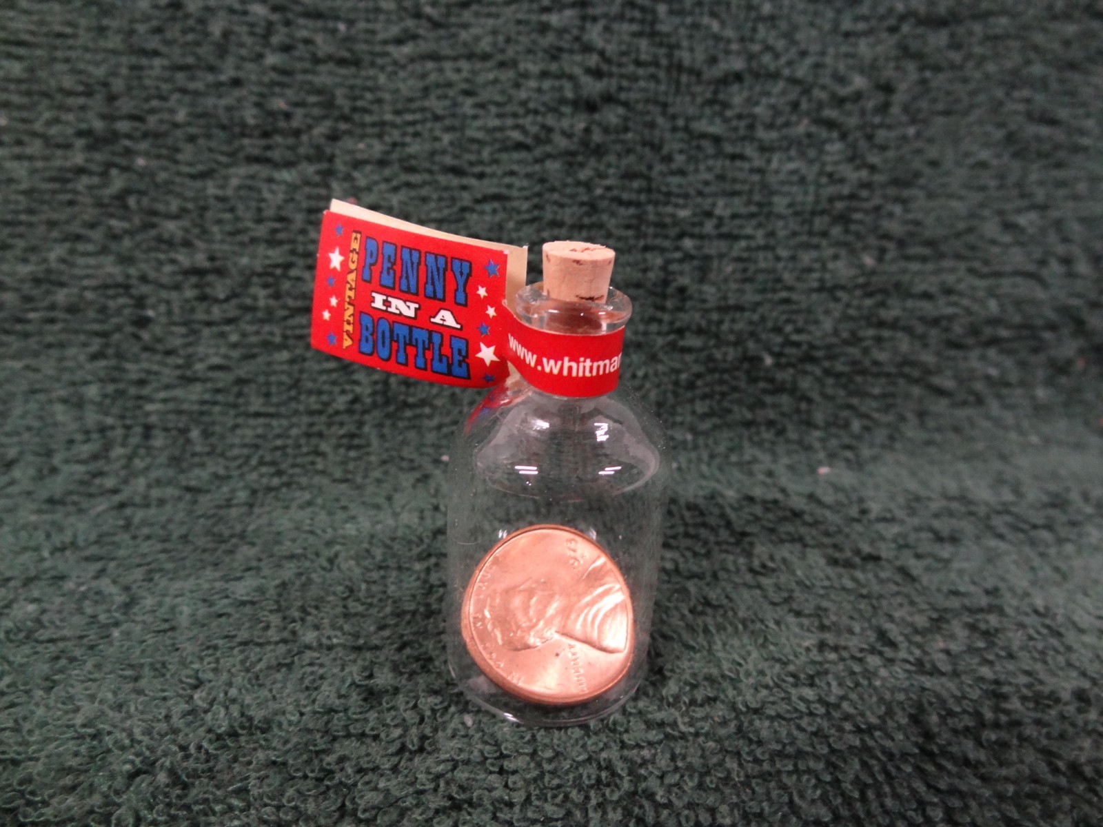 Vintage 1973 S Lincoln Penny in a Mini Glass Bottle Cork Stopper Uncirculated