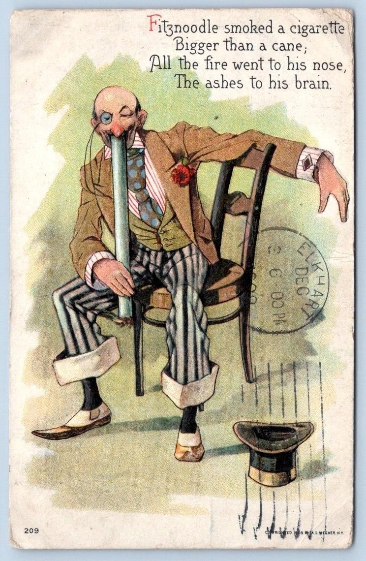 1909 FITZNOODLE SMOKED a CIGARETTE ASHES wen to HIS BRIAN TOP HAT POSTCARD