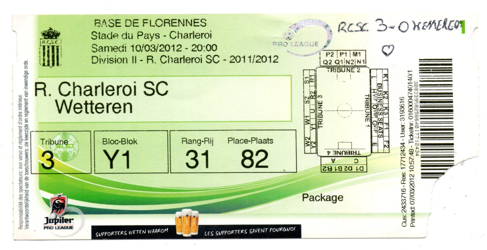 Ticket BEL SC Charleroi-Wetteren 10.03.2012