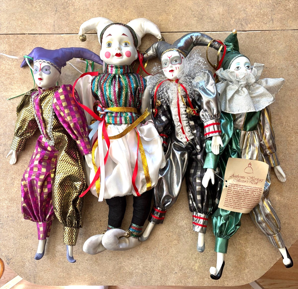 (4) Vintage Porcelain Harlequin Jester Clown Dolls lot. One with music. LOW SHIP