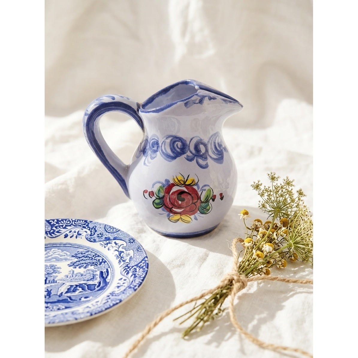Vtg Vestal Alcobaca Portugal Hand Painted Cream Pitcher Floral Blue Pottery Vase
