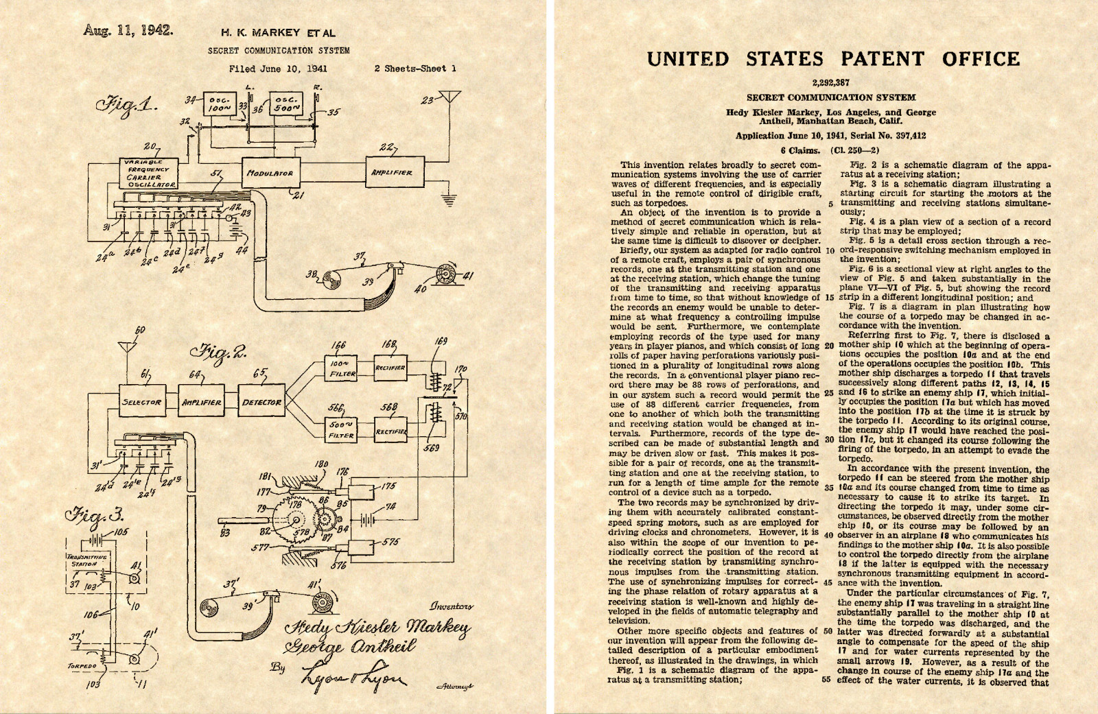 HEDY LAMARR COMMUNICATION US PATENT Art Print READY TO FRAME WWII Lamar 