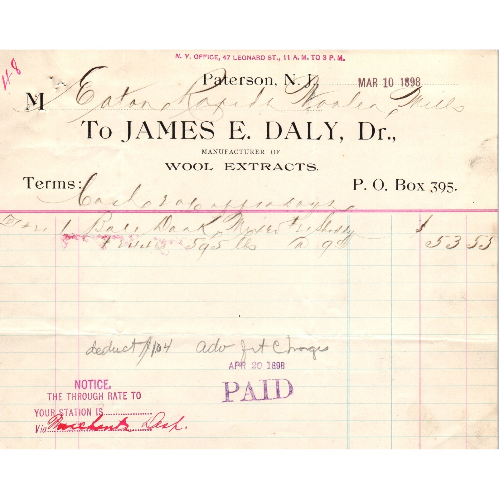1898 James E. Daly Wool Extracts Paterson NJ Billhead Letterhead D17 1898 James E. Daly Wool Extracts Paterson NJ Billhead Letterhead D17