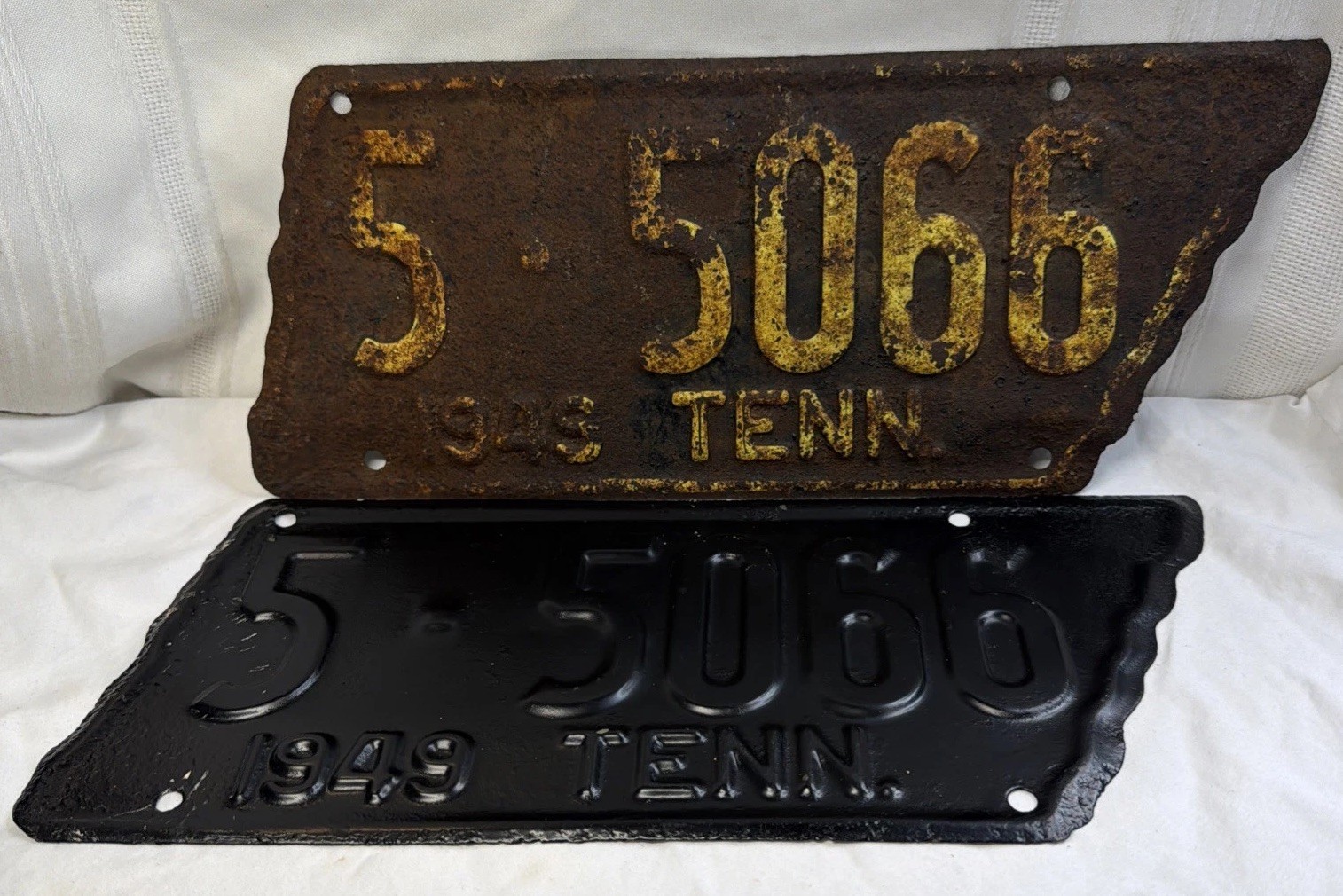 Two 1949 Tennessee State Shaped Vintage License Plates #5-5066 Sullivan County