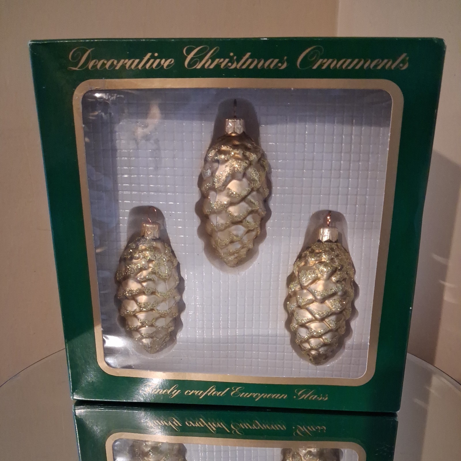 3 Vtg Gold Glass Pine Cone Christmas Ornaments Made In Poland W/ Orig Box Retro 