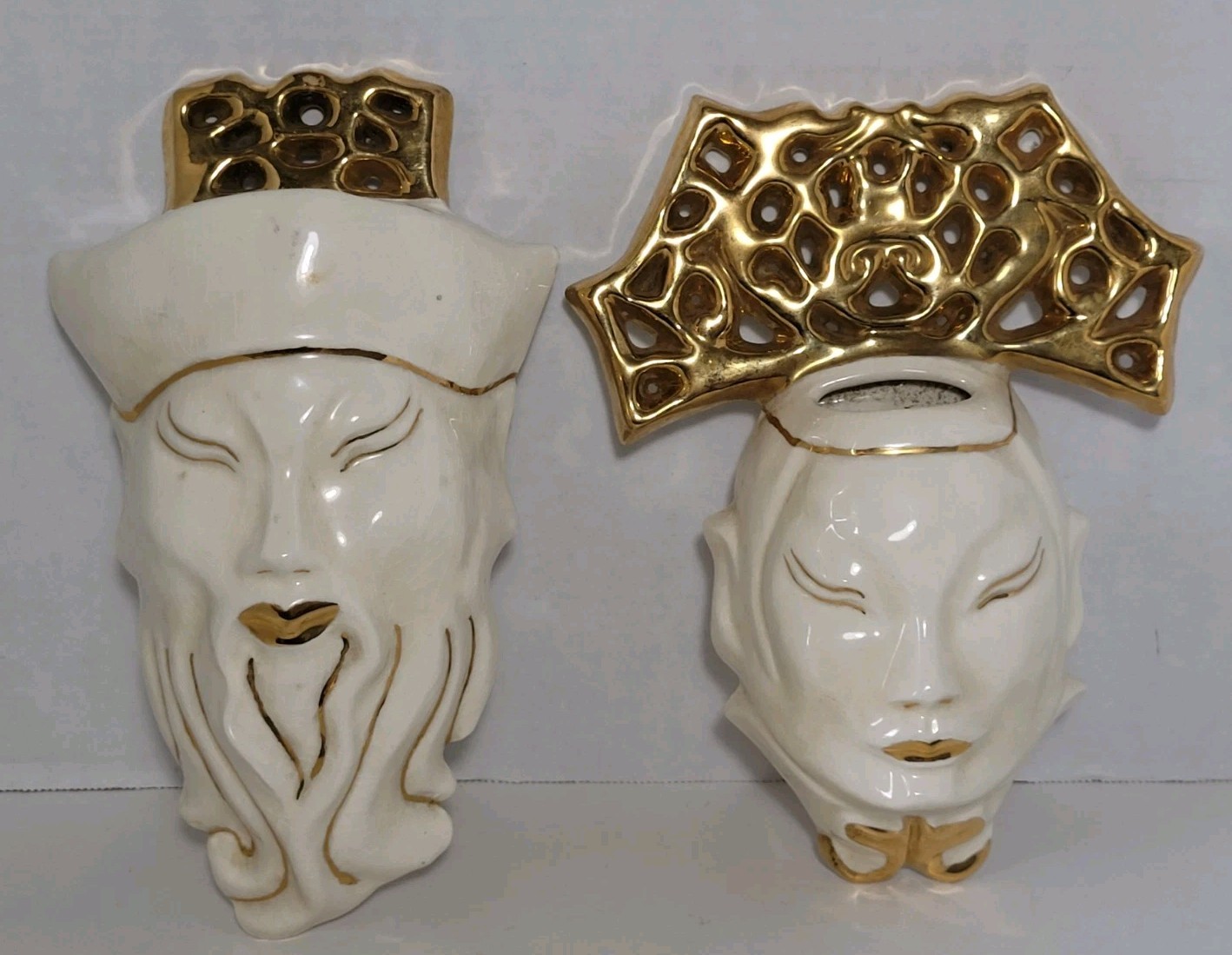 Set Of 2 Vintage Asian Oriental Wall Pockets Planters Faces Chinoserie Decor