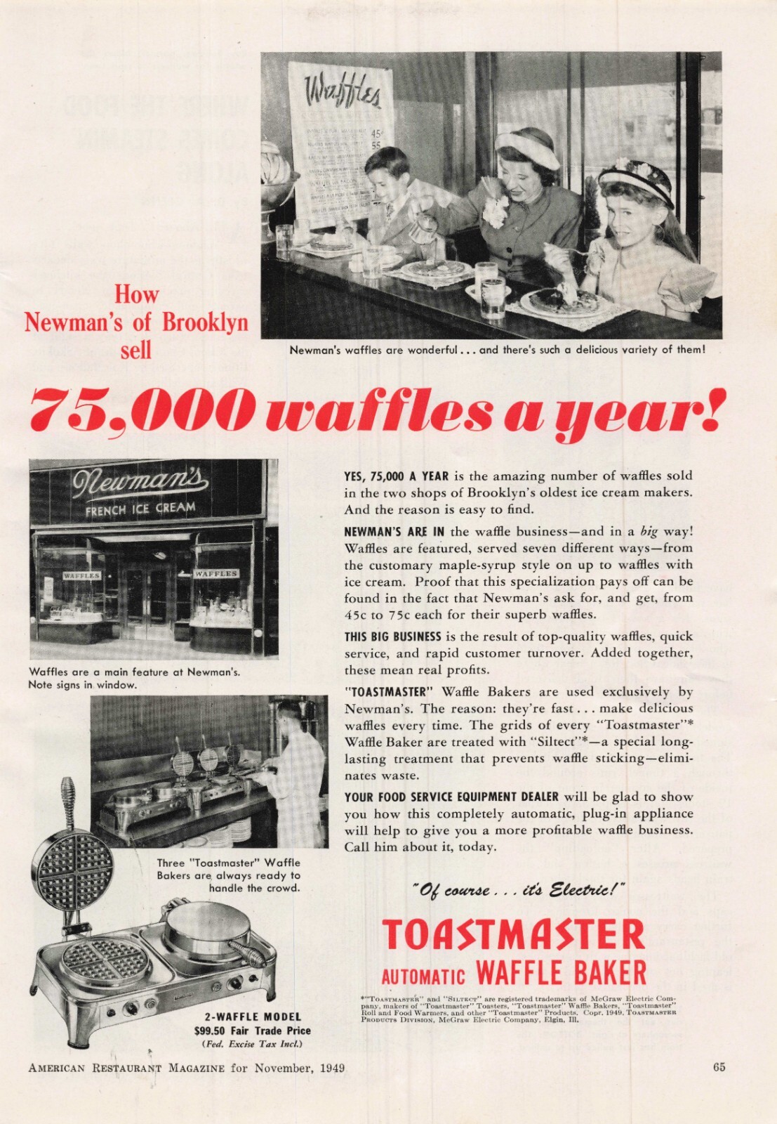VTG 1949 Print Ad Toastmaster Automatic Waffle Baker Mother Children Dining