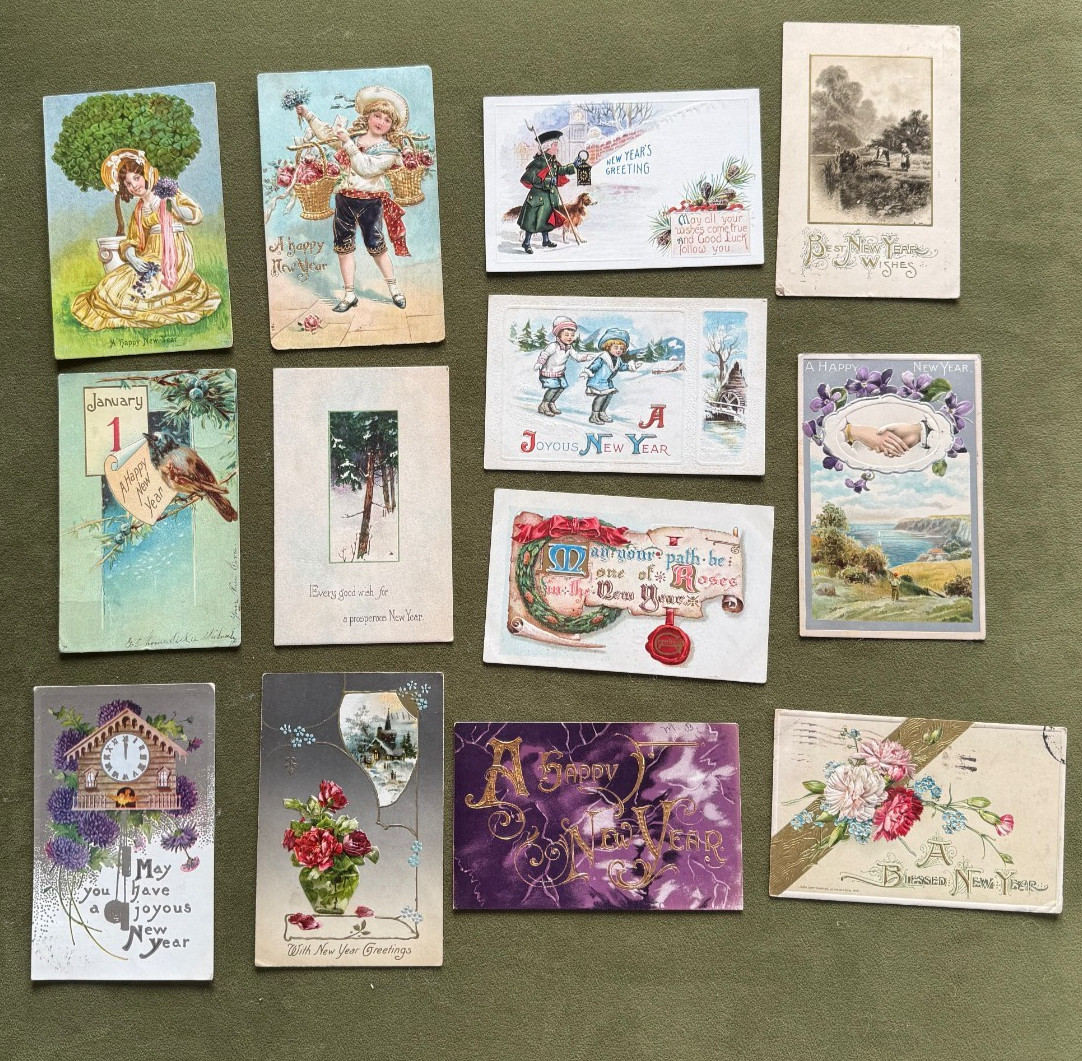 Antique New Year Postcard Lot 13 Gilt Winsch 1912 Panama-Pacific Expo Cancel