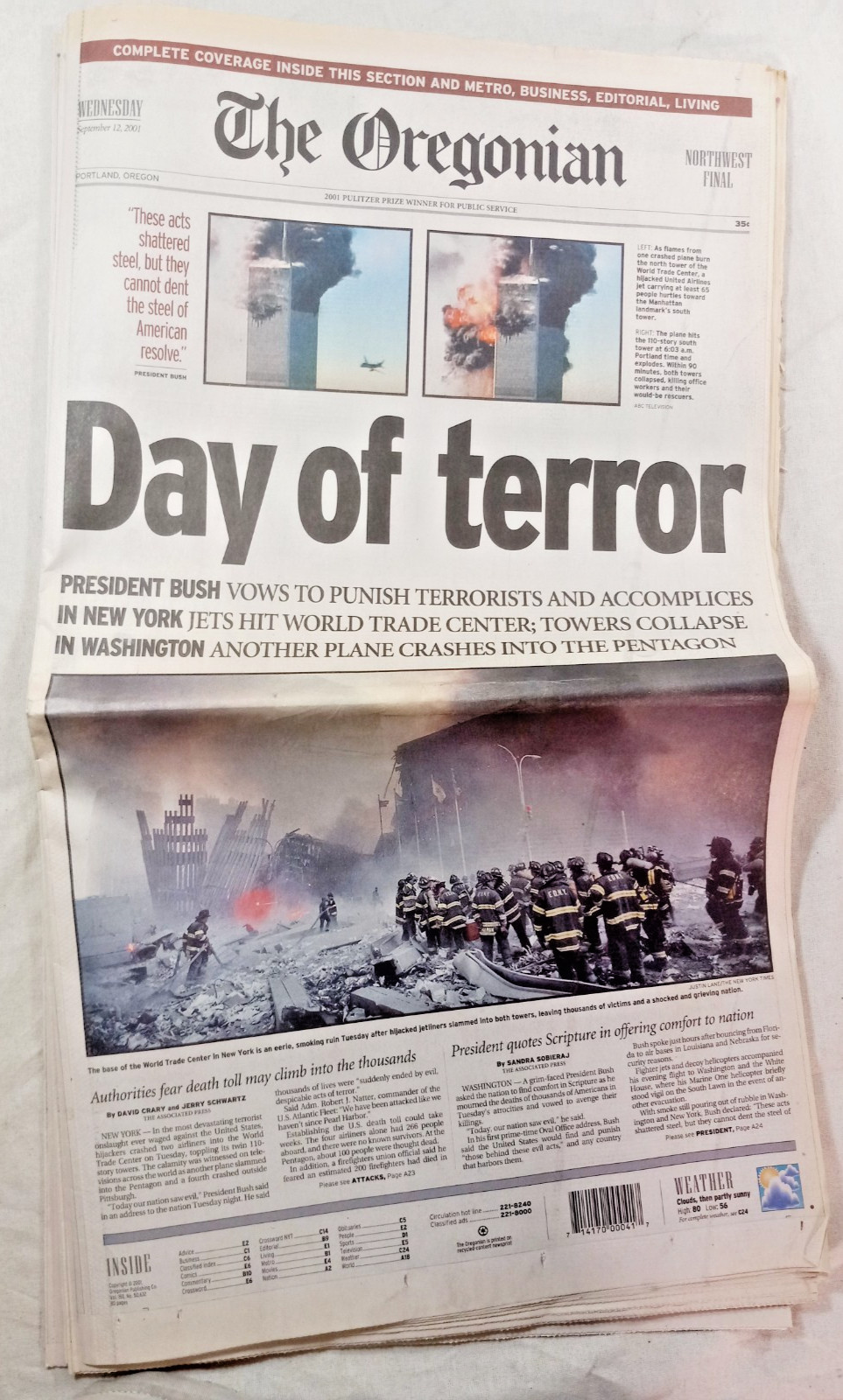The Oregonian - Wednesday September 12, 2001 - DAY OF TERROR  - NEWSPAPER - 9/11