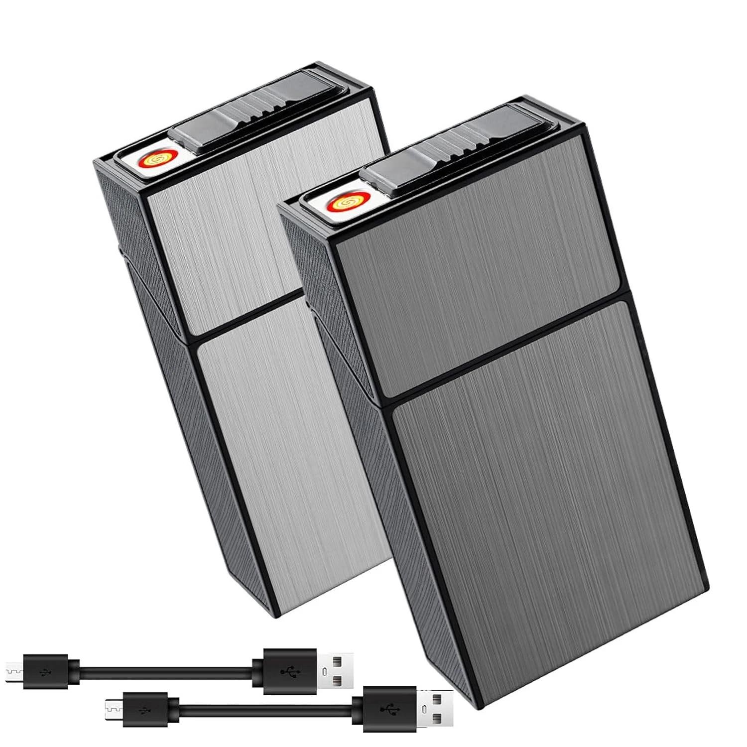2 Pack Cigarette Case W/ USB Rechargeable Lighter Holder for 100mm