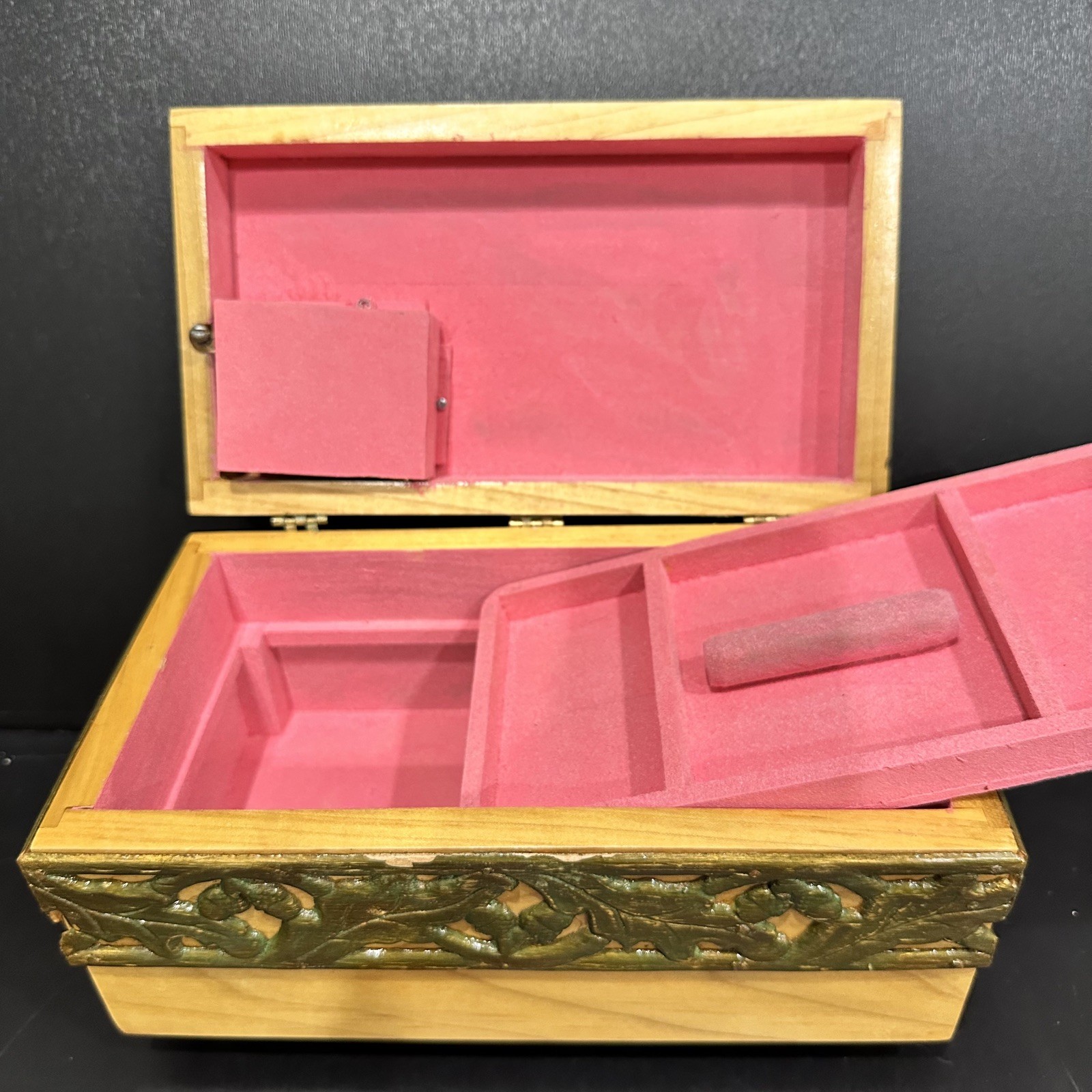 MCM Antique Style Wooden Jewelry Box Brass Leaf Filigree Musical one of kind