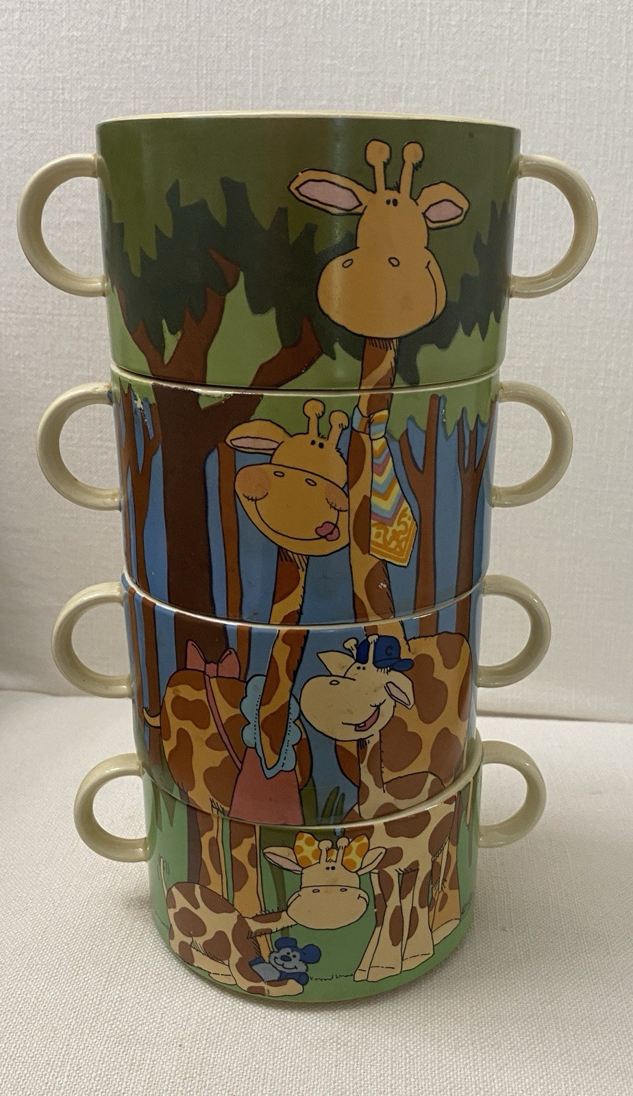 Vintage Kersten Brothers Nesting Soup Mugs - Playful Giraffes 80s Kitsch
