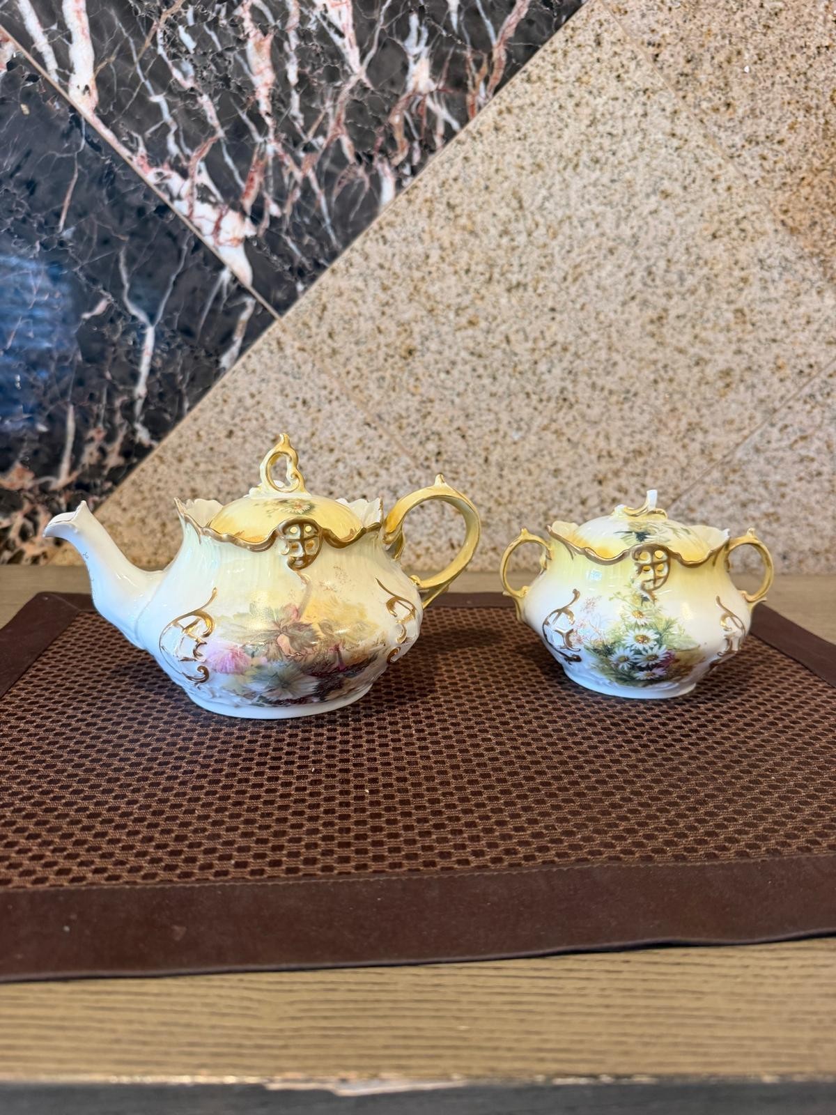 Set of 2 Bauer Rosenthal & Co Porcelain Teapot Sugar Bowl Chipped on Top As Is