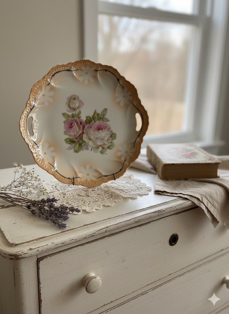 Vintage Leuchtenburg German Rose Plate, Hand Painted Porcelain Cake antique