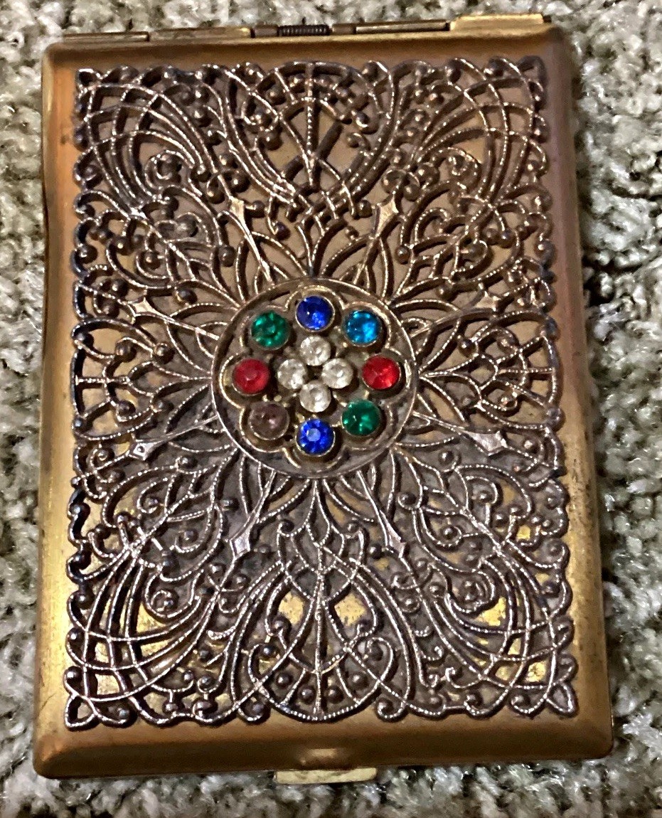 Vtg Mid Century Gold Tone Filigree Rhinestone Cigarette Case Wallet MADE IN USA